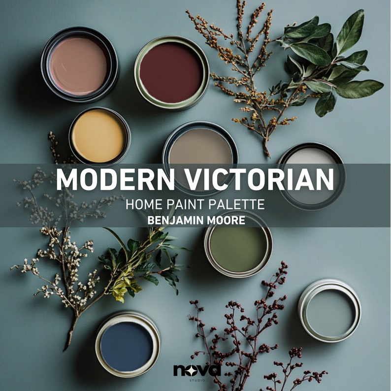 May include: A paint color palette with eight paint cans in various shades of green, blue, brown, and yellow. The paint cans are arranged on a light blue background with sprigs of greenery. The text "MODERN VICTORIAN HOME PAINT PALETTE BENJAMIN MOORE" is displayed in white letters on a black background.