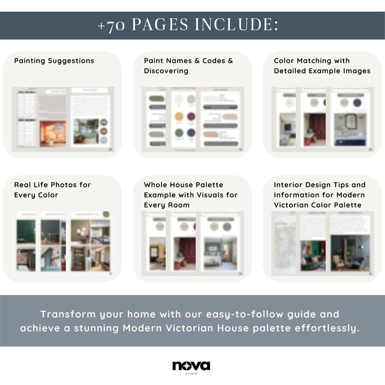 May include: A guide with over 70 pages of information on how to create a modern Victorian house color palette. The guide includes painting suggestions, paint names and codes, color matching with detailed example images, real life photos for every color, a whole house palette example with visuals for every room, and interior design tips and information for a modern Victorian color palette.