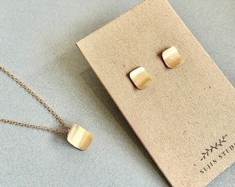 Gold Filled Handmade Small Rectangle Stud Earrings and Necklace Set, Simple Minimalist Jewelry Set, Square Shape, Gift for her, Bridesmaids