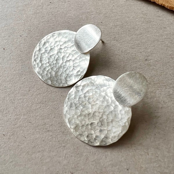 Hammered Sterling Silver Circle Earrings, Round Stud Statement Earrings, Gift for Her