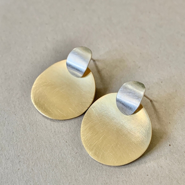 Midsize sterling silver and brass mixed metal stud earrings, Large light weight statement earrings