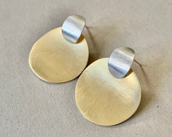 Midsize sterling silver and brass mixed metal stud earrings, Large light weight statement earrings