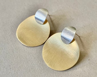 Midsize sterling silver and brass mixed metal stud earrings, Light weight minimalist round earrings