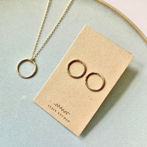 Simple delicate open circle earrings and necklace set, Everyday gold jewelry gift set