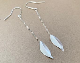 Leaf Chain Long Dangle Earrings, Long silver earrings, Sterling Silver, Handmade