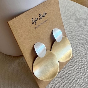 Large Mixed Metal Circle/Round Earrings, Sterling Silver and Brass Two Tone Statement Earrings