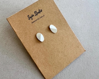 Simple Sliver Handmade Stud Earrings, Minimalist small tiny oval earrings