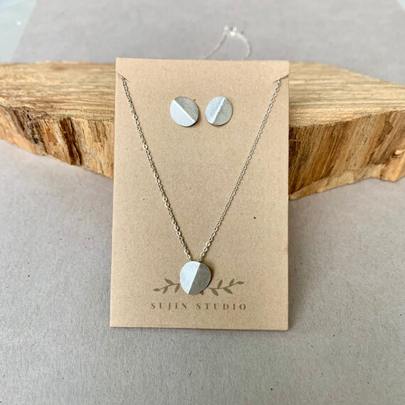 Delicate circle silver stud earrings and necklace set, Gift for her, Simple  everyday jewelry set