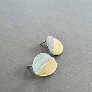 Sterling Silver & Brass Oval Stud Earrings, Mixed Metal Minimalist Everyday Earrings