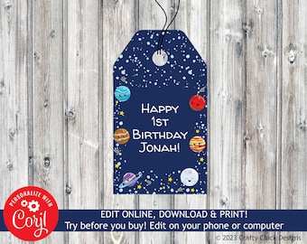 Editable Outer Space Birthday Gift Tag, Outer Space Birthday Favor Tag, Galaxy Party Favor Tag, Planets Party Gift Tag, Corjl Template B9