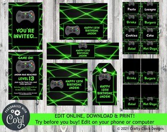 Editable Gamer Birthday Party Printables, Video Game Party Printables, Gaming Invitation, Gamer Tags, Video Game Labels, Food Cards, B1