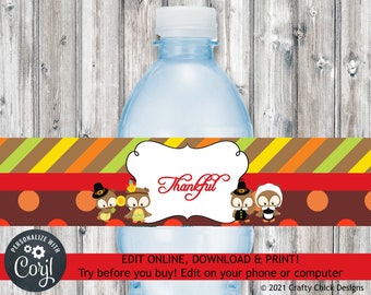 Thanksgiving Water Bottle Wrapper, Thanksgiving Water Bottle Wrap, Thanksgiving Water Bottle Label, Editable Wrapper, Printable, Owls T4