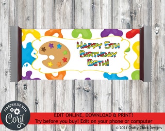 Paint Party Candy Bar Wrapper, Editable Candy Bar Wrap, Art Birthday Party Favor, Paint Party Candy Bar Label, Instant, Art Birthday B7