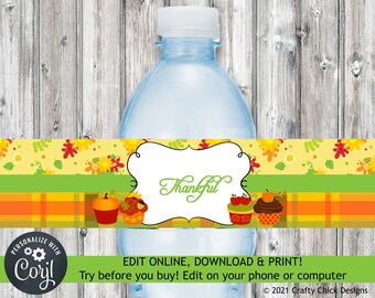 Thanksgiving Water Bottle Wrapper, Thanksgiving Water Bottle Wrap, Thanksgiving Water Bottle Label, Editable Wrapper, Printable, Cupcakes T5