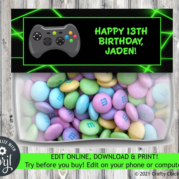 Editable Gamer Birthday Bag Topper, Video Game Birthday Treat Bag Topper, Video Game Party Favor Bag Topper, Gaming Party Bag Topper B1