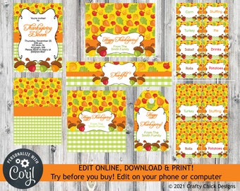 Editable Thanksgiving Printables, Thanksgiving Invitation, Water Bottle Wrap, Food Cards, Bag Topper, Candy Bar Wrapper, Tag, Acorns T2