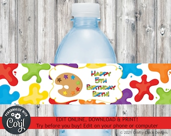 Art Party Water Bottle Labels, Editable Painting Party Water Bottle Wraps,  Paint Birthday Water Bottle Wrappers, Painting Birthday Party, B7
