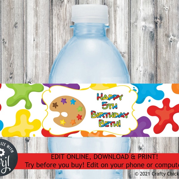 Art Party Water Bottle Labels, Editable Painting Party Water Bottle Wraps, Paint Birthday Water Bottle Wrappers, Painting Birthday Party, B7