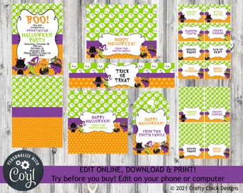 Editable Halloween Party Printables, Halloween Invitation, Water Bottle Wrap, Food Cards, Bag Topper, Candy Bar Wrapper, Tag, Cats H5