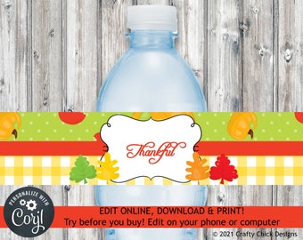 Thanksgiving Water Bottle Wrapper, Thanksgiving Water Bottle Wrap, Thanksgiving Water Bottle Label, Editable Wrapper, Printable, Leaves T3