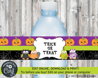 Halloween Water Bottle Wrapper, Halloween Water Bottle Wrap, Halloween Water Bottle Label, Editable Wrapper, Digital Halloween, Owls H6