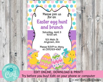 Editable Easter Invitation, Editable Easter Invite, Digital Egg Hunt Invitation, Printable Easter Brunch Invite, Instant Download Invite E1