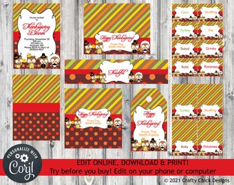 Editable Thanksgiving Printables, Thanksgiving Invitation, Water Bottle Wrap, Food Cards, Bag Topper, Candy Bar Wrapper, Tag, Owls T4