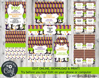 Editable Halloween Party Printables, Halloween Invitation, Water Bottle Wrap, Food Cards, Bag Topper, Candy Bar Wrapper, Tag, Witch Feet H7