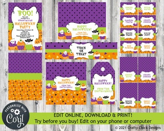 Editable Halloween Party Printables, Halloween Invitation, Water Bottle Wrap, Food Cards, Bag Topper, Candy Bar Wrapper, Tag, Sweets H1