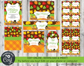 Editable Thanksgiving Printables, Thanksgiving Invitation, Water Bottle Wrap, Food Cards, Bag Topper, Candy Bar Wrapper, Tag, Turkeys T1