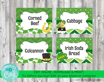 Editable St Patricks Day Buffet Cards, Printable Food Cards, St Patricks Day Food Labels, Instant Download Food Cards, Tent Cards, Irish SP2