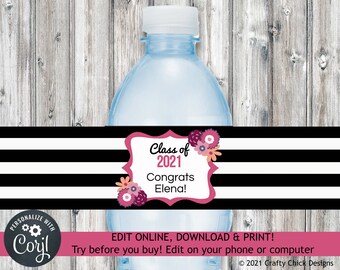 Emballages de bouteille d'eau de graduation modifiables, étiquettes de bouteille d'eau de graduation, enveloppe de bouteille d'eau florale, graduation blanche noire, classe de 2023 G