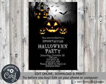 Halloween Invitation, Editable Halloween Invite, Halloween Party Invitation, Digital Halloween Invite, Instant Download Halloween, Bats H12