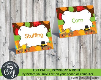 Thanksgiving Party Buffet Cards, Thanksgiving Food Cards, Editable Thanksgiving Foldover Cards, Printable Thanksgiving Labels, Turkeys T1