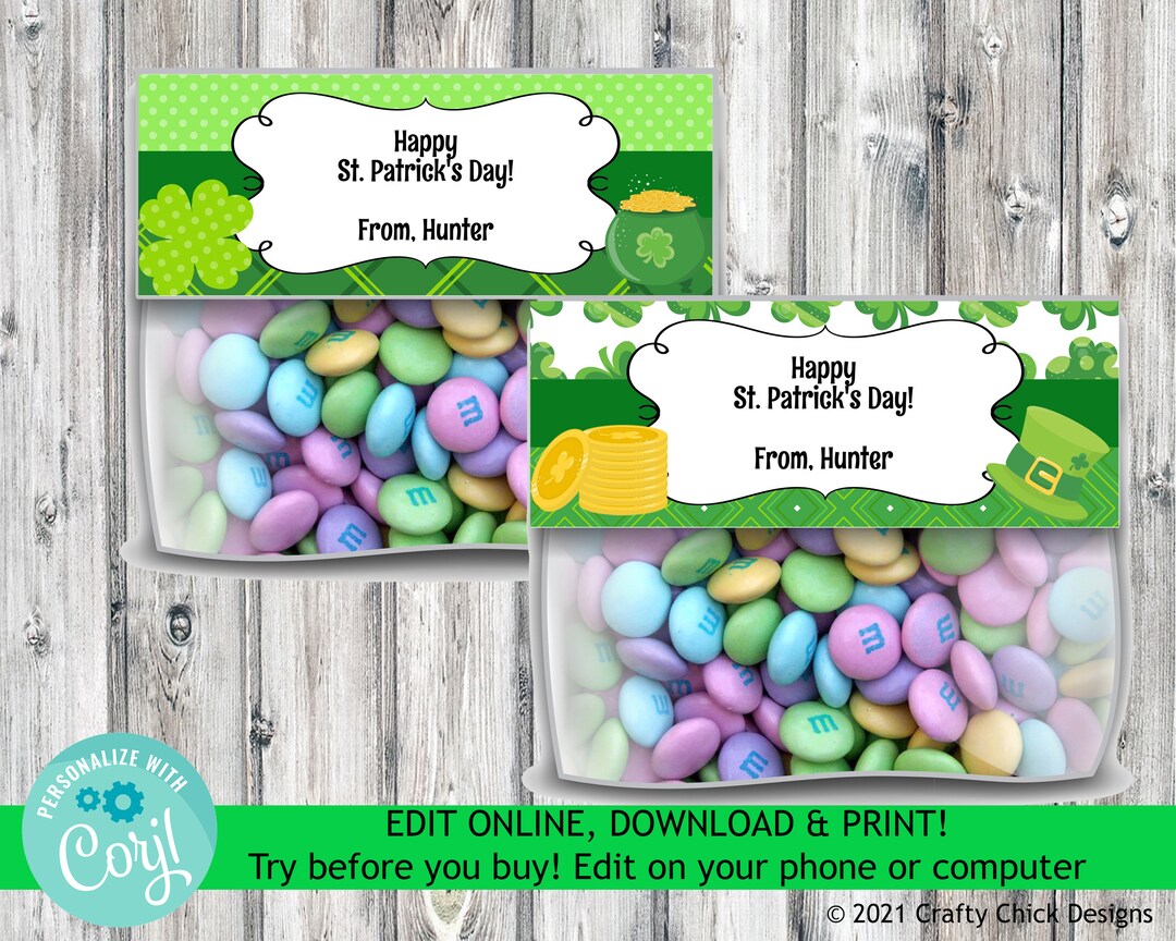 Printable St Patricks Day Bag Topper, Editable St Patricks Day Candy ...