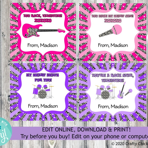 Editable Rocker Valentine Cards, Rock Star Valentine, Rocker Valentine Cards, Digital Rock Star Valentines, Instrument Valentines