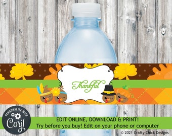 Thanksgiving Water Bottle Wrapper, Thanksgiving Water Bottle Wrap, Thanksgiving Water Bottle Label, Editable Wrapper, Printable, Turkeys T1