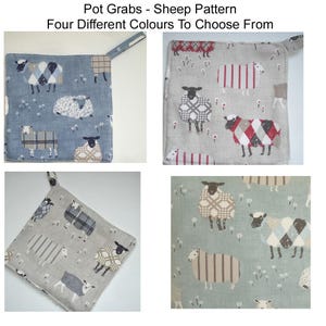 May include: Four different patterned pot holders featuring sheep designs. The pot holders are made of a light-coloured fabric with a variety of patterns, including plaid, stripes, and polka dots. The sheep are black and white and have different expressions.