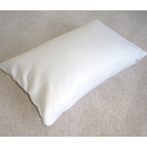 May include: A white pillow with a zipper closure. The pillow is lying on a light beige carpet.