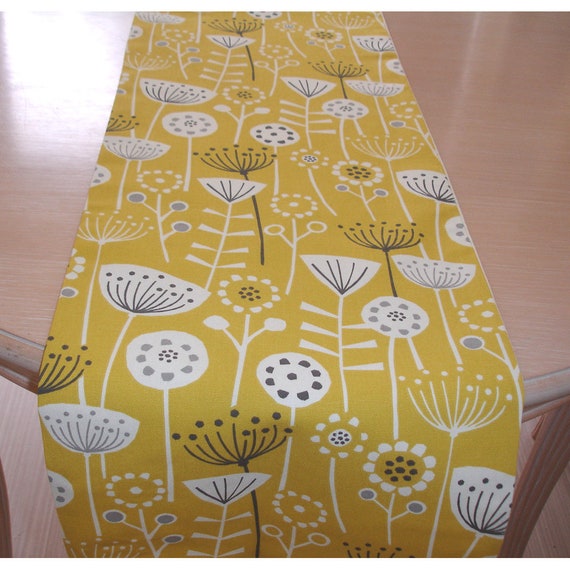 Table Runner Yellow Ochre Grey Scandinavian Style Seedhead Flowers 7ft 8ft 9ft 2 Metre 84 96 Mustard MCM Atomic Modern Cotton Washable Etsy UK