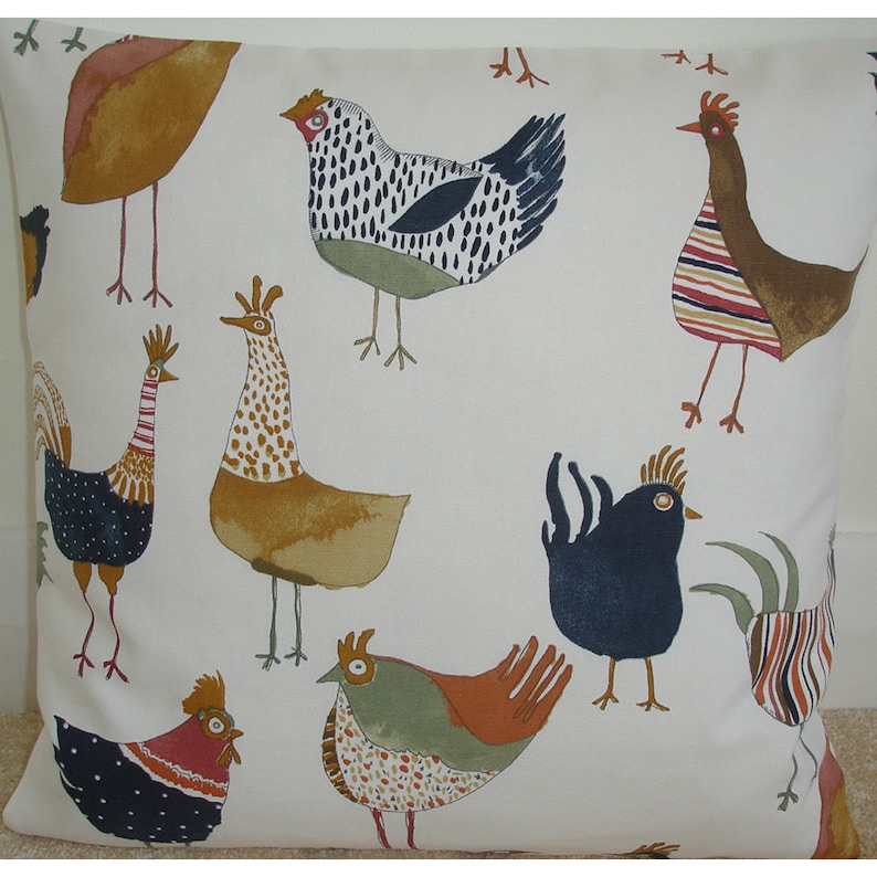 18x18 Hen Pillow Cover 18 Farmyard Chickens Burgundy Blue Brown Green Throw Accent Slip Sham Cushion Case Farm Hens Rooster Roosters image 1