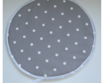 Aga Hob Lid Mat Pad Round Hat Cover Grey and White Kitchen Hotplate Topper With Loop Polka Dot Dots Spot Spots Spotted Dotty Gray Polkadot