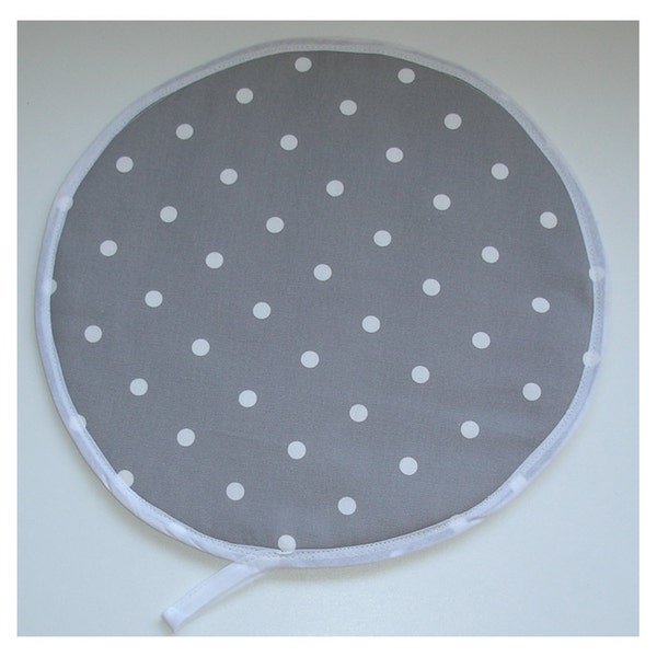 Aga Hob Lid Mat Pad Round Hat Cover Grey and White Kitchen Hotplate Topper With Loop Polka Dot Dots Spot Spots Spotted Dotty Gray Polkadot