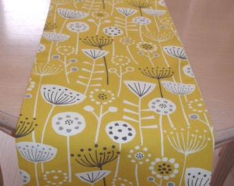 Table Runner Yellow and Grey MCM Scandi Seedhead Flowers Mustard Yellow Gray 7ft 8ft 8ft Modern Topper Overlay Washable 84" 96" 108"