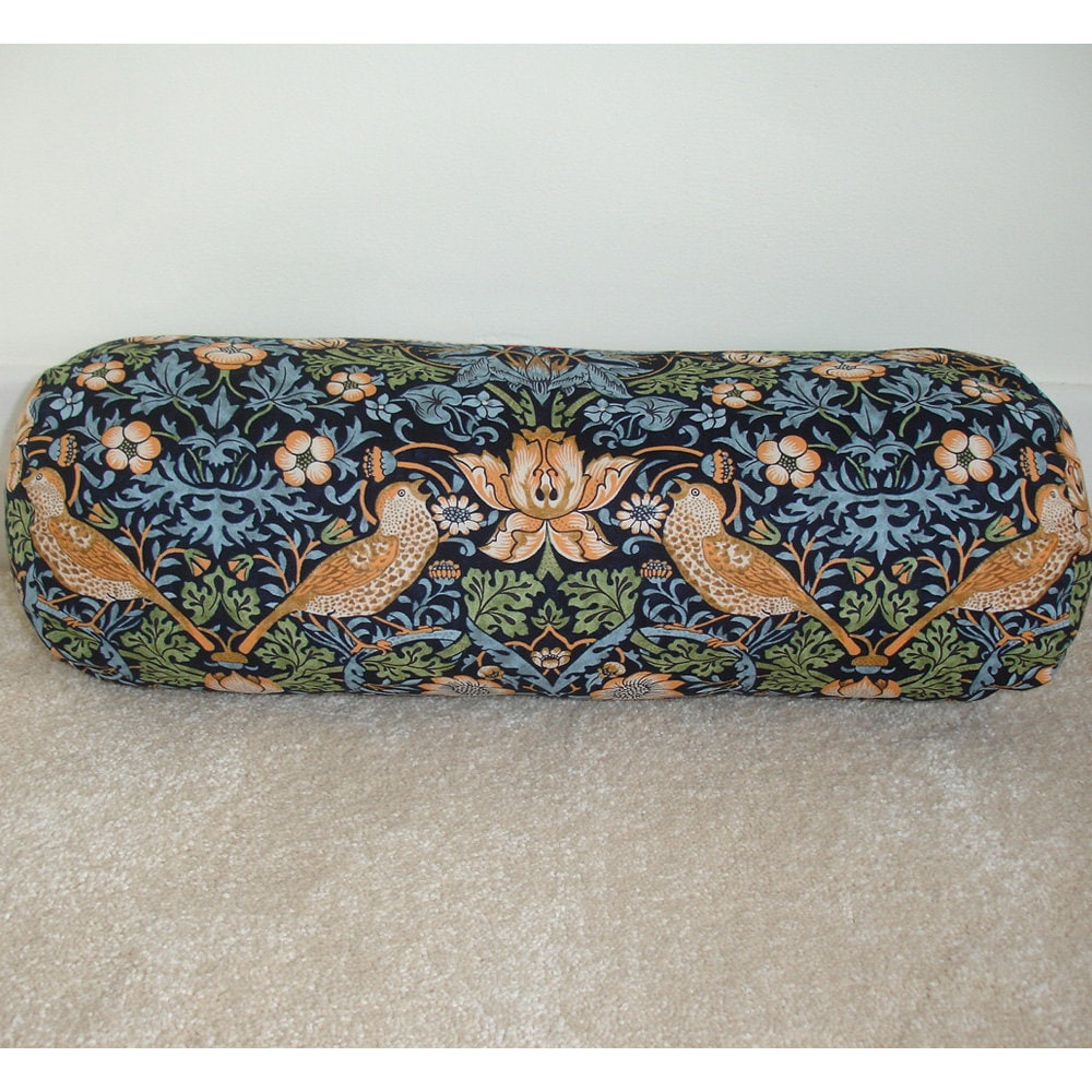 William Morris Cylinder Bolster Pillow Cover Strawberry Thief Navy Blue Red Green Bird Neckroll 16"x6" Neck Roll Round End Cushion Sham Case