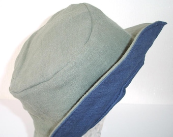 Linen Bucket Hat Navy Blue and Khaki Green Reversible 2 in 1 Sun Hats Bucket Hats Cool Pure 100% Linen