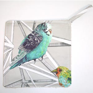 May include: A grey and white geometric patterned pot holder with a teal blue and black bird and a green and orange bird.