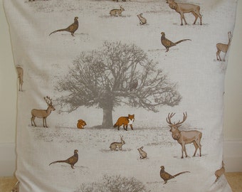 Woodland Pillow Cover 24x24 Autumn Tree Wildlife Pheasant Deer Stag Fox Owl Rabbit Squirrel 24" Cushion Sham Case Pillowcase Stags Owls