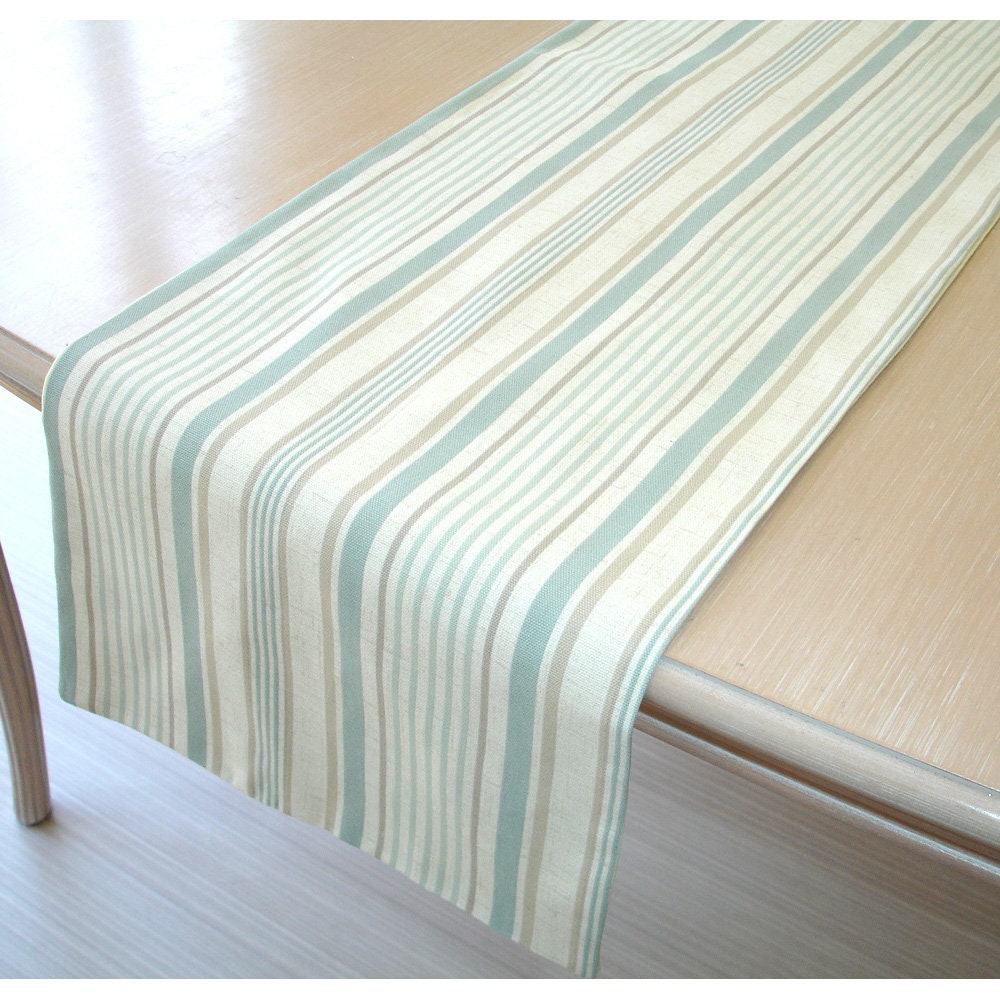 6ft Table Runner 72 Duck Egg Blue Beige and Natural Cream Stripes 180cm Washable Cotton Dining Table Runner