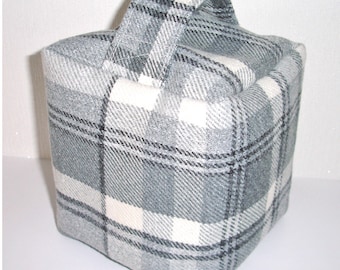 Grey Tartan Plaid Wool Feel Check Door Stop Scottish Gray Unfilled Cube Coorie Washable